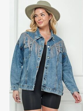 Veveret Rhinestone Fringe Oversized Denim Jacket